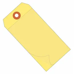 Yellow vinyl self-laminating shipping tags measuring 4-3/4 in high by 2-3/8 in wide with a card stock thickness of 10 points. Each pack contains 100 tags. The self-laminating design protects labels from moisture, abrasion, and handling, suitable for identifying packages, pallets, and inventory in industrial shipping and warehousing environments.
