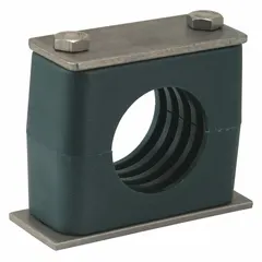 Vibration-dampening beta clamp with a 304 stainless steel clamp and polypropylene cushion. The ribbed bore design provides grip and reduces vibration in pipe, hose, and tube routing applications.