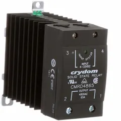 The CRYDOM CMRD4865 is a DIN-rail mounted solid state relay with SCR output for switching AC loads. It features a Form A switch configuration, DC input current of 30 mA, output voltage range of 48 to 530V AC, and maximum output current of 65 A without a heat sink. The relay is finger safe with cage-type electrical connections, suitable for industrial automation, HVAC, and process control applications.