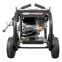 Cart-mounted cold water pressure washer delivering 3600 psi at 2.5 gpm. Rated for 10 hours of use per week. Suitable for cleaning concrete, equipment, and vehicles.