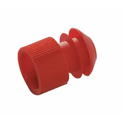 Polyethylene stopper in red, sized 15 to 17, with a 0.6-inch top diameter and 0.8-inch overall height. Solid design with no holes for general sealing applications in laboratory and industrial settings. Complies with REACH standards.
