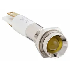 Yellow LED pilot light with M08 type, designed for panel mounting with a 5/16 in hole diameter. Electrical connection via 0.11 male quick disconnect. Used on industrial control panels and machinery to indicate operational status or warnings.