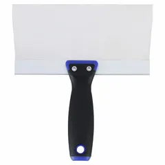 This spreading tool features a stainless steel blade that resists corrosion, suitable for applying joint compound and smoothing drywall seams. The straight blade shape is paired with a polypropylene handle and TPR grip for comfort. It is commonly used in drywall finishing for construction and renovation projects.