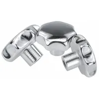 This 7-arm knob is made of polished stainless steel for corrosion resistance. It has a 32 mm diameter and an unthreaded hole of 1/4 in diameter with a 12 mm depth. The multi-arm design provides a secure grip for manual adjustment and positioning on industrial equipment