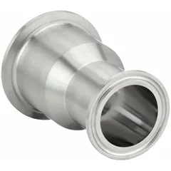 This 316 stainless steel sanitary tube fitting is a long concentric reducer with a 4 in OD x 6 in OD size and clamp connection. It features surface finishes of 15 RA / 32 RA and complies with ASME BPE standards. Used in hygienic process piping to transition between different tube sizes while maintaining cleanability.