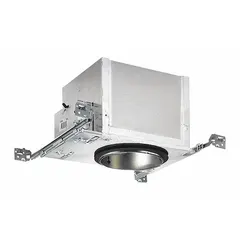 New construction recessed LED downlight housing for flat ceilings. Operates at 120V AC, delivers 900 lumens at 3500K color temperature, consumes 11.5 W. Dimmable with airtight construction. Trim color and style sold separately; no reflector or baffle included.