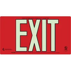 Non-retroreflective, glow-in-the-dark exit sign printed on one side. Nominal size 8 1/2 in x 15 1/4 in. Suitable for marking emergency exits in commercial and industrial facilities where visibility during power outages is required.