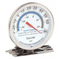 Analog thermometer with 2-3/4 in diameter dial and 1 in overall length. Stainless steel case with glass lens. Accuracy ±2°F. HACCP color-coded markings for food service temperature monitoring. NSF certified. Suitable for use in commercial refrigerators and freezers to verify safe temperature zones
