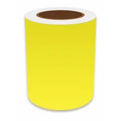 Thermal transfer continuous label roll made of vinyl with a fluorescent yellow gloss finish and glow-in-the-dark properties. Designed for indoor use with VnM8 printer series. Suitable for safety signage, equipment identification, and wayfinding in low-light environments.