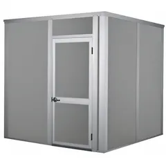 This unassembled sound-reducing enclosure provides a 60 sq ft interior area with steel-covered drywall walls achieving an STC 34 rating. It is designed to contain noisy machinery, compressors, or generators in industrial settings, helping to lower ambient noise levels. The enclosure measures 12 ft x 8 ft x 8 ft and requires on-site assembly.