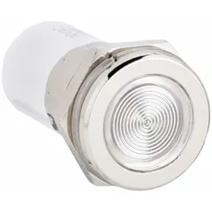 White LED indicator pilot light with flush head and H16 profile. Designed for 16 mm panel mounting hole diameter. Electrical connection via 0.11 male quick disconnect. Used in industrial control panels and machinery for visual status indication.