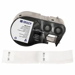 White matte vinyl wraparound label for permanent wire identification. Measures 2-1/2 in x 1 in, suitable for wire gauges 6 AWG to 0 AWG. Compatible with M511 printer series; requires R4300 ribbon. Used for marking wires in control panels, electrical installations, and maintenance applications.