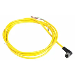 Single-ended cordset with a 1/2"-20 female right-angle connector and bare wire termination. Features 3 pins, 18 AWG wire size, 2 m cable length, yellow PVC jacket, and IP67 rating. Used to connect sensors and actuators in industrial automation applications.