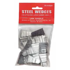 Steel hammer wedge for securing axe heads. Type 18 with 1-1/4 in top width and 3/16 in max thickness, designed for axes with a 3 lb maximum head weight. Sold as a pack of 12 corrugated steel wedges.