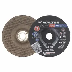 This 6-inch diameter, 1/8-inch thick aluminum oxide wheel with a 7/8-inch arbor is designed for cutting and grinding ferrous materials in pipeline applications. It combines cut-off and grinding functions in a single step, suitable for general purpose use on metal surfaces.
