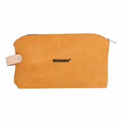 Tan leather flat zippered tool bag with one main compartment and one inside pocket. Measures 11 inches wide by 1/2 inch deep by 6 1/2 inches high. Suitable for carrying and organizing small hand tools, fasteners, or precision instruments.