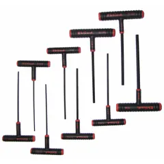 This 9-piece T-shaped hex key set includes SAE sizes with standard ends and long arms, finished in black oxide. The T-handle design provides increased torque for tightening or loosening hex socket fasteners. Keys are supplied in a pouch for organized storage and portability.