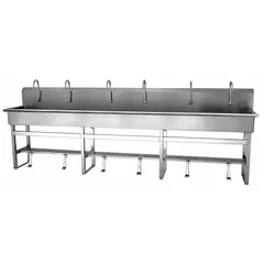 This six-station freestanding wash station accommodates multiple users simultaneously in high-traffic settings. It features a 117-inch bowl length, 8-inch bowl depth, and a 2 gpm flow rate. Constructed from 16-gauge material, it has a 45-inch overall height. Side splash is not included.