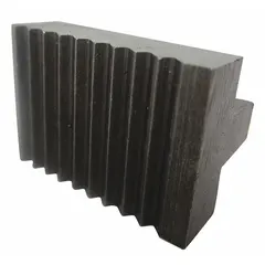 This carbon steel heel jaw features a serrated texture for gripping pipes. It is a replacement part for pipe wrenches, commonly used in plumbing and mechanical maintenance to restore the wrench's gripping function.