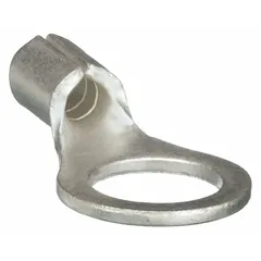 This non-insulated ring terminal is designed for creating secure electrical connections. It accommodates 16 AWG to 14 AWG wire sizes and is rated for 600 V. The bare metal construction allows for use in general-purpose wiring applications such as control panels and power distribution systems.