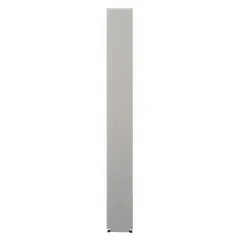 This pilaster is a structural component for commercial bathroom partitions, providing support and privacy between stalls. It features a matte Sand laminate finish over a particle board inner core. Dimensions: 82 in height, 10 in width, 1 1/4 in thickness.