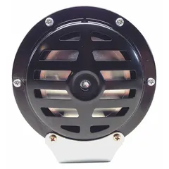 Electric-powered horn designed for material handling equipment. Operates on 24-48V DC and delivers a maximum sound level of 115 dBA. Features a painted black finish and includes a mounting bracket for installation.