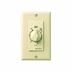 Spring-wound mechanical timer with a 12-hour maximum timing range and SPST switching. Includes a wall plate. Ivory color. No hold function. Suitable for basic timed on/off control of electrical loads such as lights, fans, or pumps in residential or light commercial settings.