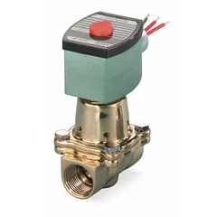 This REDHAT solenoid valve is a 2-way, 2-position normally closed valve with a 3/8 in pipe size. It operates on 120V AC (also rated 110V AC) and features a watertight coil enclosure. Suitable for controlling the flow of liquids or gases in applications such as irrigation, industrial automation, and process control systems where moisture resistance is required.