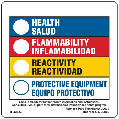 BRADY HMIG Label: 3 7/8 in Ht, 3 7/8 in Wd, Polystyrene, Adhesive, 3 7/8 in x 3 7/8 in - Safety