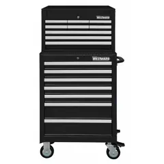 This light-duty combination unit includes a top chest and rolling cabinet with 16 drawers. Ball-bearing drawer slides provide smooth operation, and a keyed locking system secures the contents. The black powder-coated finish resists wear. Suitable for organizing tools in workshops, garages, and maintenance areas.