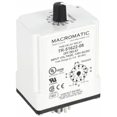 Socket-mounted time delay relay with 11 pins/terminals, rated for 10 A at 120V AC/DC. Designed for single-function timing applications in industrial control panels, HVAC systems, conveyor controls, and automation equipment.