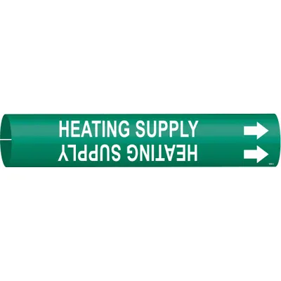 BRADY Pipe Marker: Heating Supply, Green, White, Fits 2 1/2 to 3 7/8 in Pipe O.D. - Heating Supply Snap-On Pipe Markers