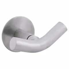 This stainless steel robe hook features a satin finish and measures 1 5/8 in x 3 in x 2 1/2 in. It includes mounting screws and waterproof tape for installation on tile, glass, or drywall surfaces. Suitable for hanging robes, towels, and lightweight garments in bathrooms or other areas.