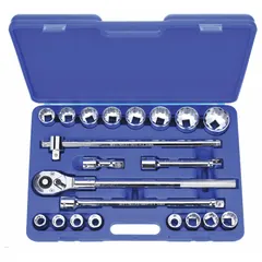 This 21-piece metric socket set includes 12-point sockets ranging from 19 mm to 50 mm with a 3/4-inch drive. Drive tools are included for tightening and loosening fasteners in applications such as industrial maintenance, automotive repair, and heavy equipment assembly.
