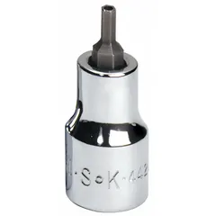 This security hex bit socket is designed for driving tamper-resistant fasteners with a security hex recess. It features a 3/8 in drive and a 5/32 in SAE tip size. The replaceable insert extends tool life. Typical applications include industrial maintenance, automotive repair, and equipment assembly.
