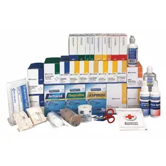 Bulk unitized refill for industrial first aid cabinets serving up to 150 people. Contains 1,068 components including 40 knuckle bandages, 2 burn dressings, eyewash, and 10 ammonia inhalants. Complies with ANSI/ISEA Z308.1-2015 standards. Latex free, not water resistant.