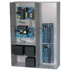 Steel-enclosed power supply board with 115V AC input and maximum output of 8PTC/24Dc 19A. Suitable for use in control panels, security systems, and automation equipment requiring a regulated DC power source within a durable enclosure.