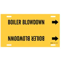 Yellow strap-on pipe marker with black legend reading 'Boiler Blowdown' and directional arrows. Fits pipe outer diameters of 10 to 15 inches. Used to identify boiler blowdown lines in industrial piping systems, aiding in compliance with pipe-labeling standards
