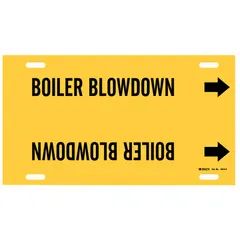 Yellow strap-on pipe marker with black legend reading 'Boiler Blowdown' and directional arrows. Fits pipe outer diameters of 10 to 15 inches. Used to identify boiler blowdown lines in industrial piping systems, aiding in compliance with pipe-labeling standards.