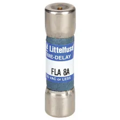 Midget time-delay cylindrical fuse rated 8 A at 125 V AC. Dimensions 13/32 in x 1 1/2 in. Indicating type for visual open-circuit indication. Used for overcurrent protection in industrial equipment such as motor circuits and control transformers.