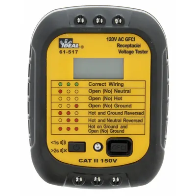 IDEAL Receptable Tester: 120 V AC to 120 V AC, 5-20P, GFCI, CAT II 150V, Audible/Light - GFCI Testers