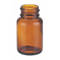 This 30 mL amber glass bottle features a wide mouth and 28-400 mm neck finish, supplied without closure or cap. The amber glass protects light-sensitive contents, suitable for storing reagents, samples, and chemicals in laboratory settings.