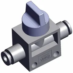 Manual air control valve with knob actuator for start, stop, or redirect of compressed air flow in pneumatic systems. Features 2 ports, 4 mm side-ported body, and gray actuator. Suitable for panel-mount or inline control applications.