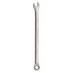 This metric 12-point combination wrench has a 6 mm head size and an overall length of 4 7/8 inches. The offset design provides access to recessed fasteners. Made from alloy steel with a satin finish, it is suitable for tightening or loosening fasteners in general maintenance and repair tasks.