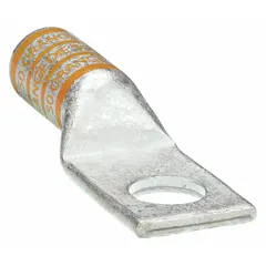This one-hole compression lug is designed for terminating 3/0 AWG stranded copper wire to a stud or bus bar. It features a 1/4 in stud size and a long barrel for secure, low-resistance connections. The lug is made of copper and is uninsulated. Typical applications include power distribution, control panels, and machinery wiring.