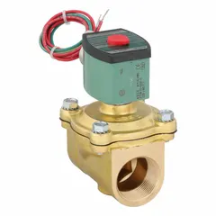 This REDHAT solenoid valve is a 2-way, 2-position normally closed type with a 1-1/4 in pipe size, operating on 120V AC. It features a watertight coil enclosure suitable for outdoor or washdown environments. Designed for high-flow applications, it provides reliable on/off control of liquids or gases in industrial process control, irrigation systems, and automated fluid handling.