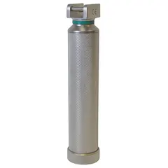 This reusable laryngoscope handle is constructed from chrome-plated brass with a silver finish. It features fiber optic illumination for use with compatible laryngoscope blades during airway management procedures.
