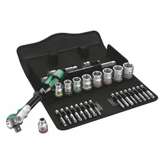 This 29-piece metric socket set includes 6-point sockets from 8 mm to 19 mm, two extensions, and a 3/8 in drive. The friction drive tools provide secure engagement on hex fasteners. Suitable for tightening and loosening metric bolts and nuts in automotive repair, machinery maintenance, and industrial assembly.