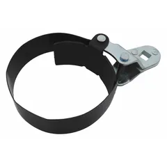 This socket-driven filter wrench strap is constructed from spring steel and features a 1-1/2 in strap width with a 1/2 in drive size. It is designed for removing spin-on oil filters by wrapping the strap around the filter body and applying turning force with a ratchet or breaker bar.