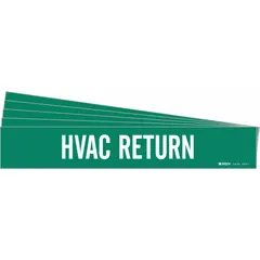 Green adhesive pipe marker with white 'HVAC Return' legend, designed for pipe outer diameters from 2-1/2 to 7-7/8 inches. Sold in a pack of 5, without directional arrows. Used to identify return lines in heating, ventilation, and air conditioning systems.